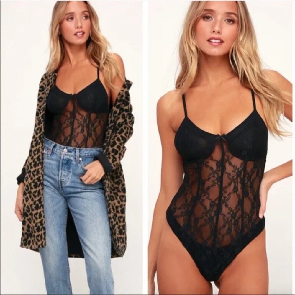 Free People Runaway Bodysuit In Black Size Small Sheer Lace with bow